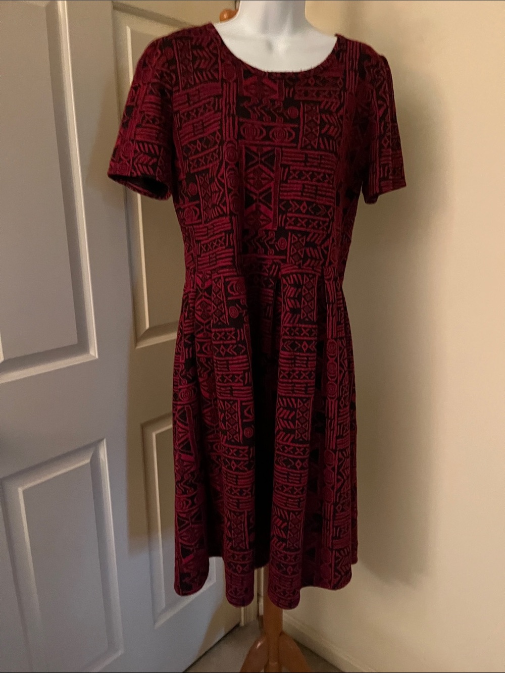Lularoe Women's Burgundy Geometric Print Fit-and-Flare Dress